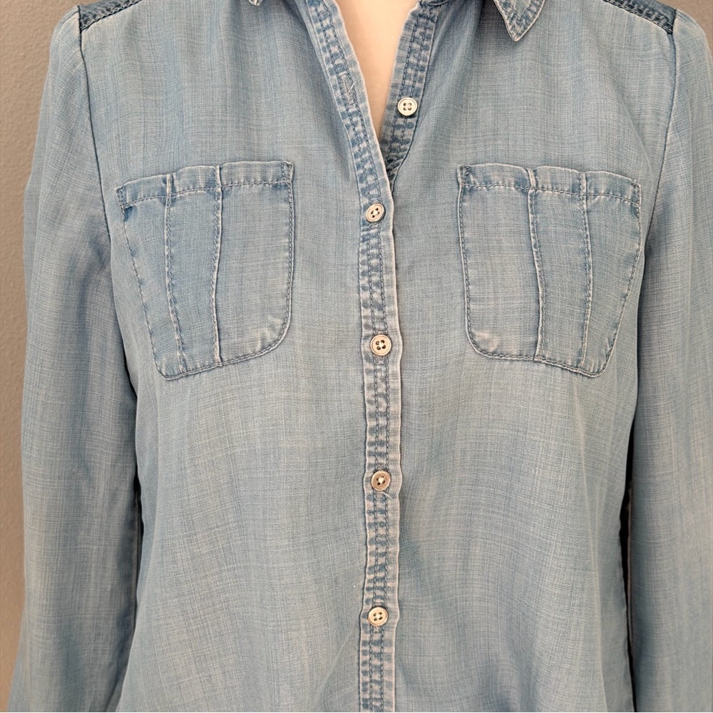 Chico's Light Blue Tie-Front Denim Button-Down - Picture 2 of 12